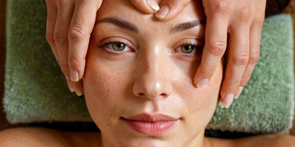 Eine Frau erhält eine Gesichtsmassage. Ihre entspannte Mimik zeigt Wohlbefinden und Ruhe. - Hotel Das Central - Massage- und Beauty - Sölden