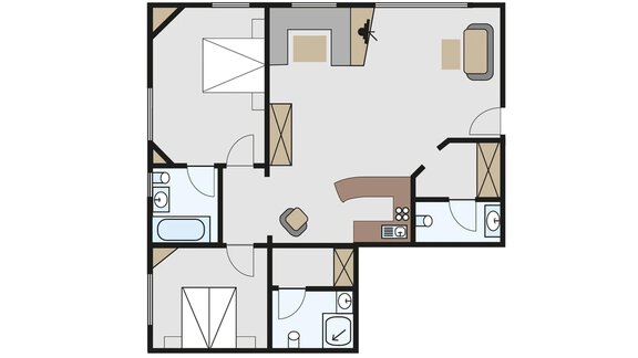 Eine Grundrisszeichnung einer Wohnung mit zwei Schlafzimmern, zwei Bädern und einem offenen Wohnbereich. Die Räume sind klar strukturiert und gut angeordnet. - Ferienwohnung Alt Poschach - Obergurgl 