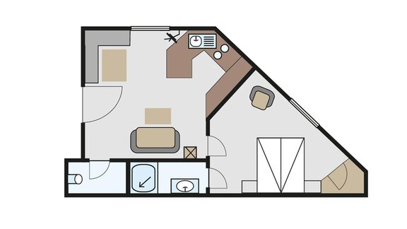 Eine Grundrisszeichnung einer Wohnung. Der Raum umfasst ein Wohnzimmer, ein Bad und einen Eingangsbereich. - Ferienwohnung Alt Poschach - Obergurgl 