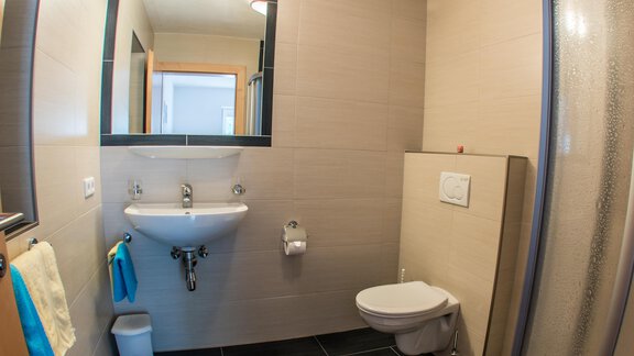 A modern bathroom with a sink, toilet, and spacious shower. The walls are brightly tiled, and there are colored towels. - Alpenapart Saphir - Sölden