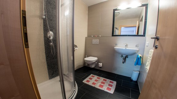 A modern bathroom with a shower, a sink, and a toilet. The floor is decorated with dark tiles and a colorful rug. - Alpenapart Saphir - Sölden
