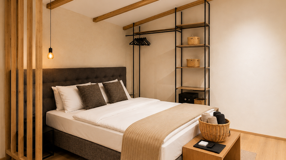 Ein modernes Schlafzimmer mit einem komfortablen Doppelbett und Holzregalen. Die warmen Farben und die minimalistische Einrichtung schaffen eine gemütliche Atmosphäre. - ALPINE LOFT SÖLDEN - Sölden