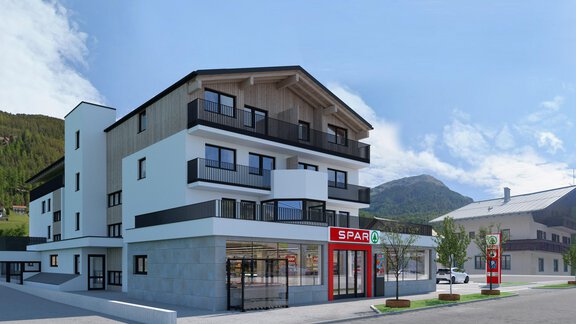 Ein modernes Gebäude mit einem SPAR-Supermarkt im Erdgeschoss. Umgeben von einer malerischen Berglandschaft und klar blauem Himmel. - Apartment Buggls - Sölden