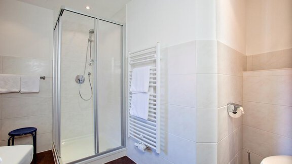 Ein modernes Badezimmer mit einer Dusche und weißen Fliesen. Es gibt einen Handtuchhalter und eine Toilette im Raum. - Appartement Alpin - Sölden