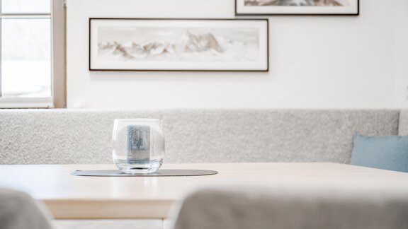 Ein moderner Tisch mit einer Glasvase steht im Vordergrund. Im Hintergrund sind Bilder an der Wand und eine gemütliche Sitzecke sichtbar. - Appartement Montanara - Sölden