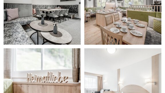Moderne Innenräume eines Restaurants und eines Zimmers. Gemütliche Einrichtung mit hellen Farben und einladendem Ambiente. - Appartementhaus Kathrin - Sölden