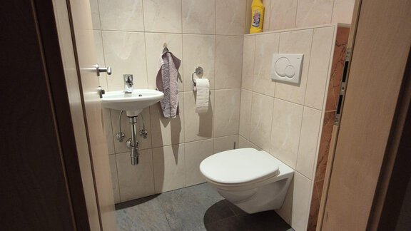 Ein modernes Badezimmer mit grauen Fliesen und einer weißen Toilette. An der Wand hängen Handtücher und es gibt ein kleines Waschbecken. - Appt. Wildschütz - Sölden