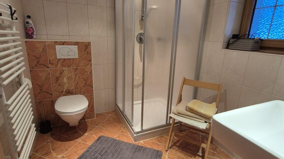 Ein modernes Badezimmer mit einer Dusche, einem WC und einem Waschbecken. Der Boden ist gefliest, und es gibt einen Stuhl sowie einen Handtuchhalter. - Appt. Wildschütz - Sölden
