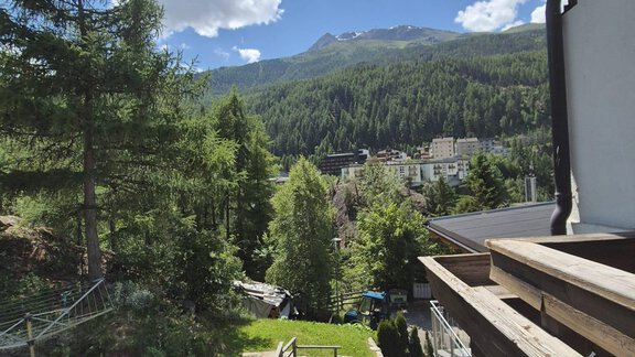 Eine malerische Aussicht auf Berge und Wälder unter einem blauen Himmel mit weißen Wolken. Im Vordergrund sind ein Garten und eine Terrasse zu sehen. - Appt. Wildschütz - Sölden