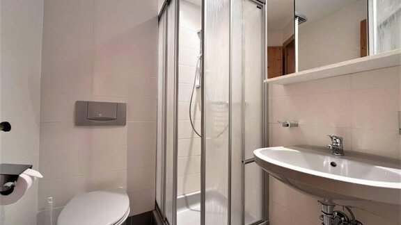 Ein modernes Badezimmer mit einer Dusche und einem Waschbecken. Die Wände sind hell und die Ausstattung wirkt sauber und funktional. - Garni Nadine - Sölden