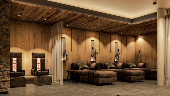 Ein moderner Wellnessbereich mit holzverkleideten Wänden und gemütlichen Loungemöbeln. Sanfte Beleuchtung sorgt für eine entspannte Atmosphäre. - Hotel Garni Hainbacherhof - Sölden