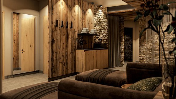Ein moderner Raum mit Holz- und Steinakzenten. Gemütliche Sitzgelegenheiten und eine einladende Atmosphäre. - Hotel Garni Hainbacherhof - Sölden
