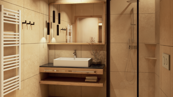 Ein modernes Badezimmer mit beige Fliesen, einer stilvollen Dusche und einem Waschbecken auf einem Holzregal. Die Beleuchtung und der Spiegel schaffen eine einladende Atmosphäre. - Hotel Garni Hainbacherhof - Sölden