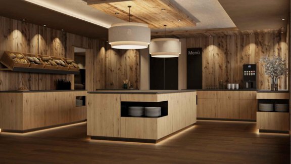 Ein modernes, elegantes Interieur mit Holzvertäfelungen und sanfter Beleuchtung. Die Holztheken bieten eine einladende Atmosphäre für Gäste. - Hotel Garni Hainbacherhof - Sölden