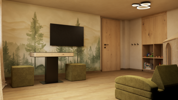 Ein modernes Zimmer mit einem Fernseher und einem Holztisch. Die Wände sind mit einem Waldmuster dekoriert und es gibt bequeme Möbel. - Hotel Garni Hainbacherhof - Sölden