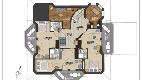 Das Bild zeigt einen Grundriss eines Appartements mit mehreren Zimmern, Balkonen und einer Küche. Jedes Zimmer und der Flur sind klar gekennzeichnet. - Villa Castelbell - Sölden