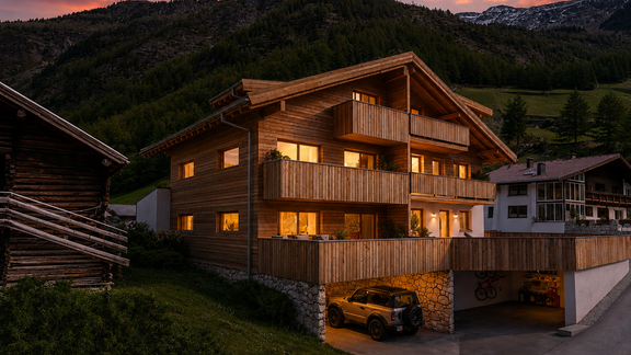 Ein modernes Holzhaus in einer malerischen Berglandschaft. Der Himmel ist bei Sonnenuntergang in warmen Farben erleuchtet. - Chalet s’Tyrolia - Zwieselstein