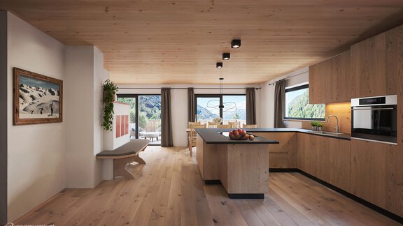 Eine moderne Küche mit Holzoberflächen und großen Fenstern, die für viel Licht sorgen. Im Hintergrund sieht man eine schöne Aussicht auf die Berge. - Chalet s’Tyrolia - Zwieselstein
