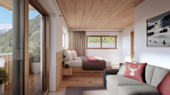 Ein elegantes, modernes Schlafzimmer mit Holzwänden und hellem Raum. Der Ausblick zeigt die Berge und ist durch große Fenster sichtbar. - Chalet s’Tyrolia - Zwieselstein