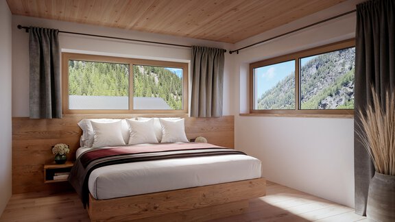 Ein gemütliches Schlafzimmer mit einem großen Bett und Holzelementen. Durch die Fenster ist eine malerische Berglandschaft zu sehen. - Chalet s’Tyrolia - Zwieselstein