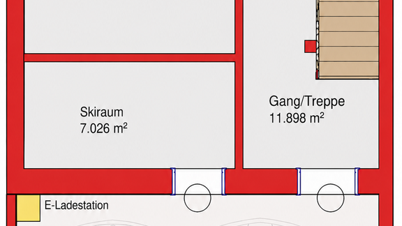 Das Bild zeigt einen Grundriss eines Hauses mit verschiedenen Räumen wie Abstellraum, Technikraum und einer Infrarotsauna. Die Garage befindet sich im unteren Bereich und hat Platz für zwei Fahrzeuge. - Chalet s’Tyrolia - Zwieselstein
