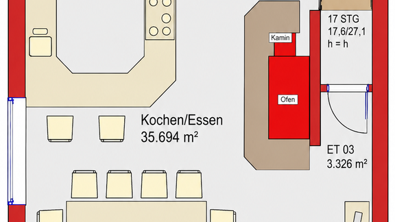 Der Grundriss eines Hauses zeigt verschiedene Räume, einschließlich Wohnzimmer, Küche und Badezimmer. Die Bereiche sind klar unterteilt und mit ihren jeweiligen Größen angegeben. - Chalet s’Tyrolia - Zwieselstein