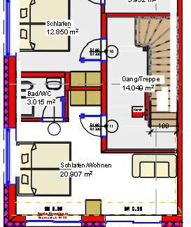 Eine detaillierte Grundrisszeichnung eines Wohnhauses. Der Plan zeigt verschiedene Räume wie Schlafzimmer, Badezimmer und einen Balkon. - Chalet s’Tyrolia - Zwieselstein