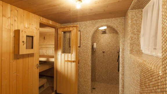 A cozy wellness area with wooden paneling and a tiled shower. The room conveys a relaxing atmosphere. - Garni Ötztal ROOMS & APARTS - Zwieselstein