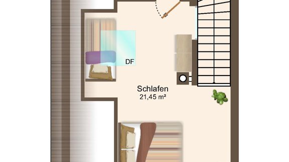 A clear floor plan representation of an apartment. It shows different rooms such as bedroom, bathroom/wc, and a balcony. - The Private Chalet s’Tyrolia - Zwieselstein