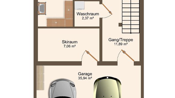 A floor plan drawing of a house with various rooms such as a sauna, a laundry room, and a garage. Two cars are drawn in the garage. - The Private Chalet s’Tyrolia - Zwieselstein