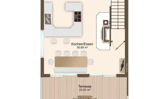 Eine Grundrisszeichnung einer Wohnung mit einem offenen Wohn- und Küchenbereich. Die Terrasse ist ebenfalls eingezeichnet und bietet eine großzügige Fläche. - The Private Chalet s’Tyrolia - Zwieselstein