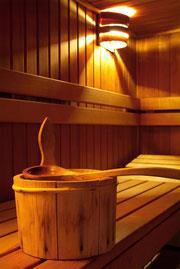 Eine gemütliche Sauna mit Holzverkleidung. Ein Eimer mit einer Kelle steht auf der Bank. - Appartement Viertler - Sölden