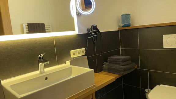 A modern bathroom with a sink and a large mirror. On the wooden shelf lie gray towels. - HAUS ERIKA apartments - Sölden
