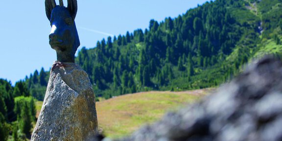 Eine Skulptur eines Bergziegenkopfes steht auf einem großen Stein. Im Hintergrund sind grüne Berge und ein blauer Himmel zu sehen. - Kunstweg Barteb'ne - Vent | © Ötztal Tourismus