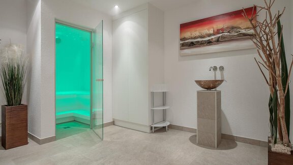 Ein modernes Badezimmer mit einer gläsernen Duschkabine und einem eleganten Waschtisch. An der Wand hängen dekorative Bilder, und es gibt Pflanzen in stilvollen Töpfen. - Pension Michael - Obergurgl 