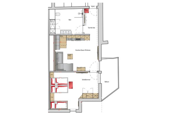 Ein Grundriss einer Wohnung mit einer Küche, zwei Schlafzimmern und einem Balkon. Die Räume sind klar angeordnet und gut strukturiert. - Alpenappartement Central Valley Penthouse - Längenfeld