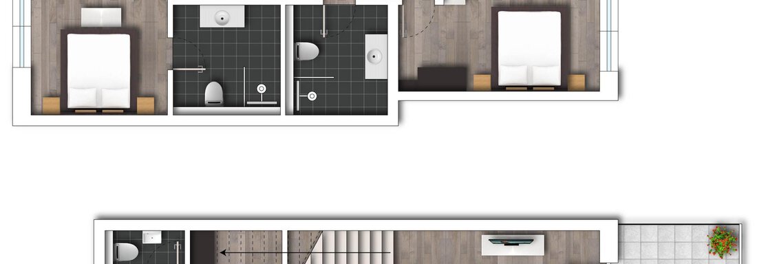 Eine Grundrissskizze eines Hauses mit zwei Etagen. Die obere Etage zeigt Schlafzimmer und Badezimmer, während die untere Etage einen Wohnbereich und eine Küche darstellt. - Alpenappartement Central Valley Penthouse - Längenfeld