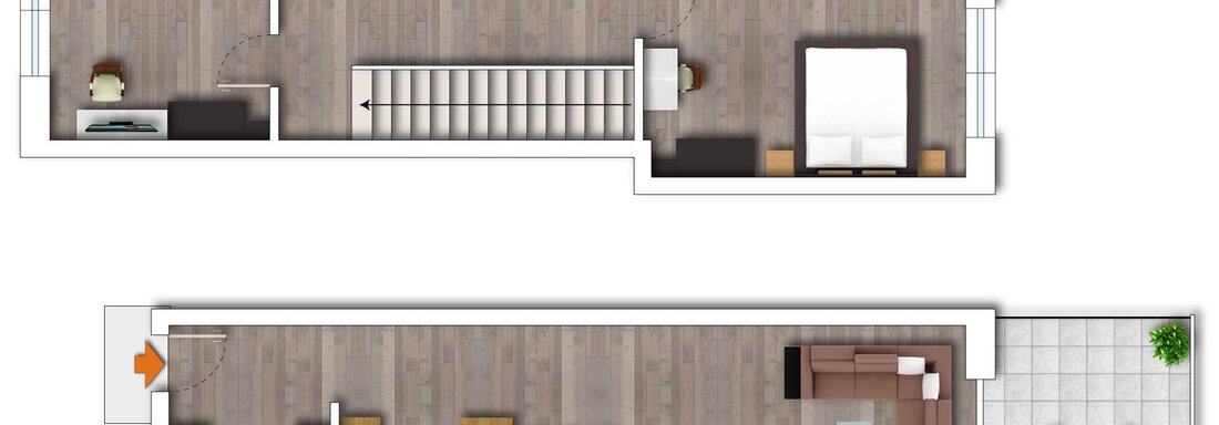 Eine Grundrisszeichnung eines Hauses mit zwei Etagen. Die obere Etage enthält Schlafzimmer und Badezimmer, während die untere Etage Wohn- und Essbereich sowie eine Terrasse zeigt. - Alpenappartement Central Valley Penthouse - Längenfeld