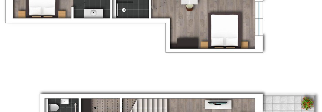 Eine Übersicht eines zweigeschossigen Hauses mit mehreren Schlafzimmern und Bädern. Der untere Bereich zeigt eine offene Wohnküche und einen Außenbereich mit Sitzgelegenheit. - Alpenappartement Central Valley Penthouse - Längenfeld