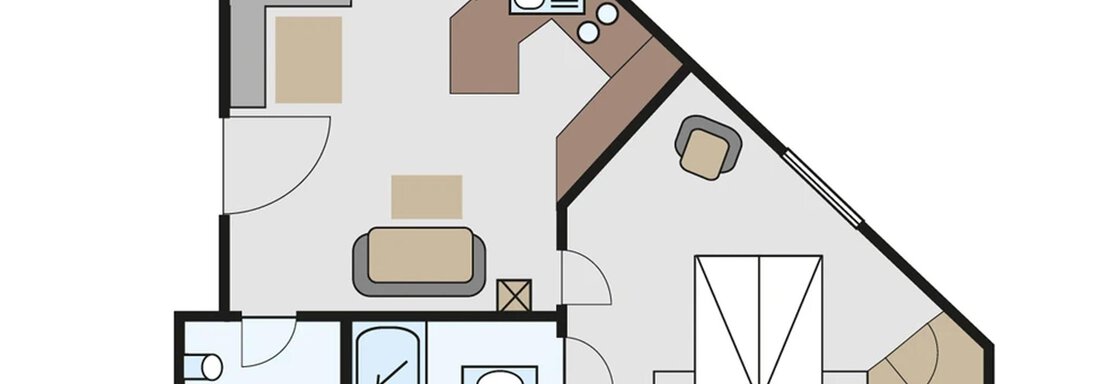 Eine Grundrissskizze einer Wohnung mit einem Wohnbereich, einem Badezimmer und einer kleinen Küche. Der Raum ist in verschiedene Bereiche unterteilt, um eine gemütliche Atmosphäre zu schaffen. - Ferienwohnung Alt Poschach - Obergurgl 