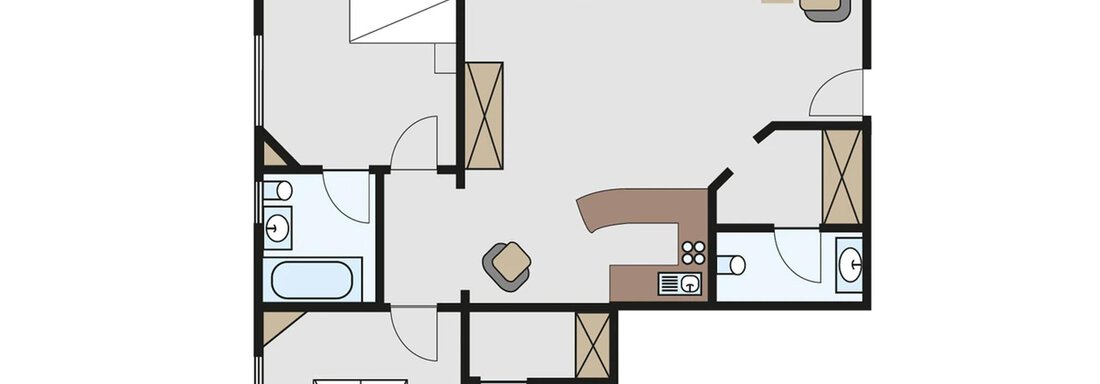Eine Grundrisszeichnung einer Wohnung mit zwei Schlafzimmern, einem Wohnzimmer und zwei Badezimmern. Die Räume sind übersichtlich angeordnet und bieten Platz für eine Küche. - Ferienwohnung Alt Poschach - Obergurgl 