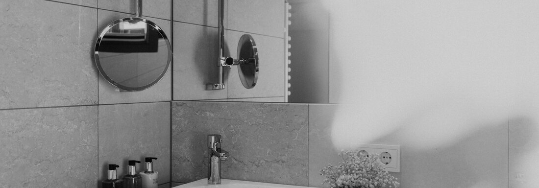 A modern bathroom with two sinks and large mirrors. The walls are clad in gray tiles, and there are decorative plants on the shelf. - The Crystal VAYA Unique - Obergurgl 