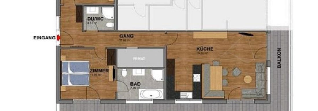 Eine Wohnungsgrundriss mit zwei Schlafzimmern, einem Badezimmer und einer Küche. Die Terrasse ist ebenfalls eingezeichnet, zusammen mit dem Eingang. - A CASA "Rubin Chalet & Studio Resort" - Sölden