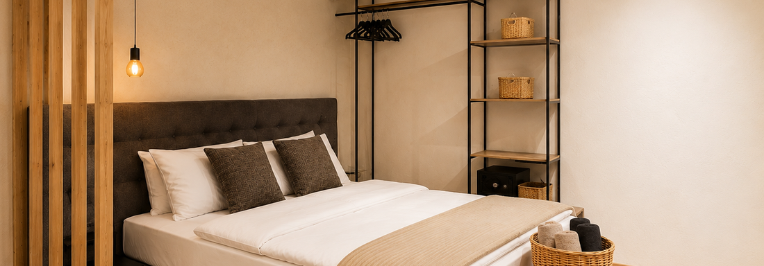 Ein modernes Schlafzimmer mit Holzdeko und einem gemütlichen Bett. Es gibt ein Regal mit praktischen Aufbewahrungskörben und warmem Licht. - ALPINE LOFT SÖLDEN - Sölden