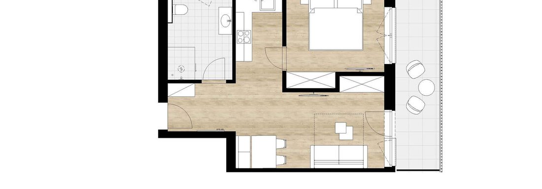 Eine Grundrisszeichnung einer Wohnung. Sie zeigt verschiedene Räume wie das Wohnzimmer, die Küche und das Badezimmer. - Apartment Buggls - Sölden