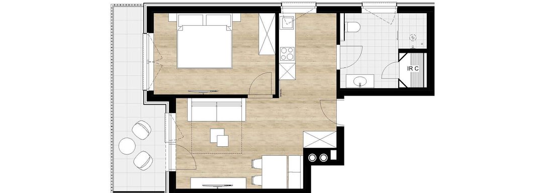 Eine Grundrisszeichnung einer Wohnung mit verschiedenen Räumen. Der Plan zeigt ein Wohnzimmer, eine Küche und ein Badezimmer. - Apartment Buggls - Sölden