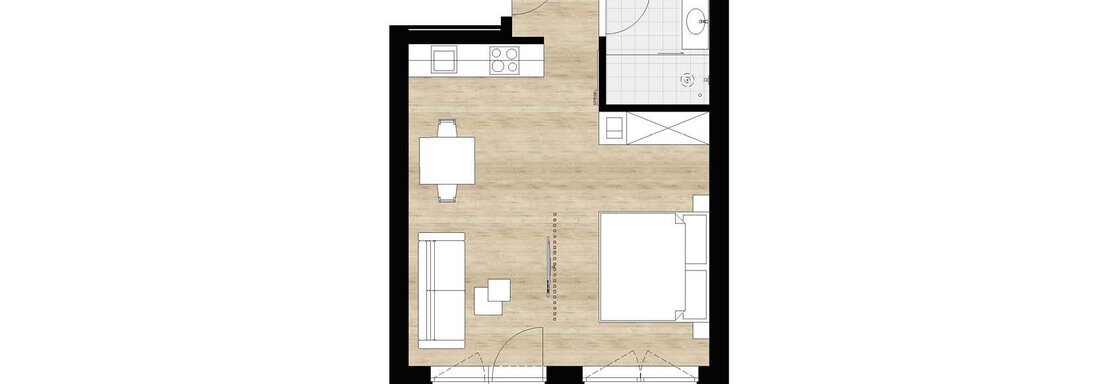Eine Grundrisszeichnung einer Wohnung. Der Plan zeigt Wohn- und Essbereich, Küche, Schlafzimmer und Bad. - Apartment Buggls - Sölden