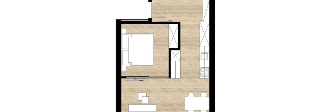 Eine Grundrisszeichnung einer Wohnung. Sie zeigt ein Schlafzimmer, ein Badezimmer und einen Wohnbereich mit einer Küche. - Apartment Buggls - Sölden