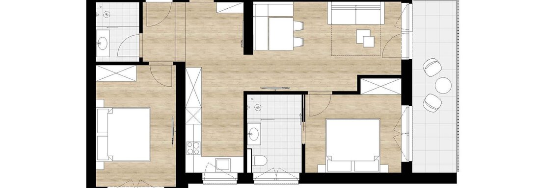 Das Bild zeigt einen Grundriss einer Wohnung mit mehreren Räumen. Die Bereiche sind klar hervorgehoben, einschließlich Wohnzimmer, Schlafzimmer und Badezimmer. - Apartment Buggls - Sölden