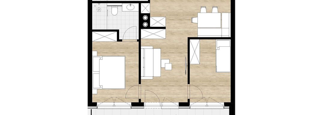 Eine Wohnungsgrundriss mit zwei Schlafzimmern, einem Wohnzimmer und einer Küche. Die Räume sind klar angeordnet und bieten eine praktische Nutzung. - Apartment Buggls - Sölden
